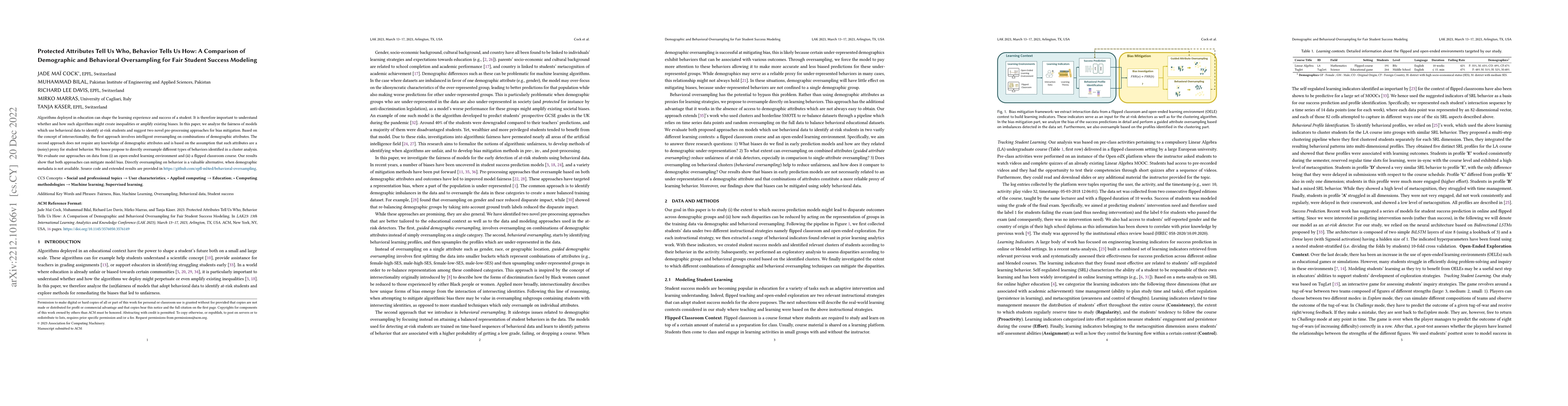 Thumbnail for Protected Attributes Tell Us Who, Behavior Tells Us How: A Comparison of
  Demographic and Behavioral Oversampling for Fair Student Success Modeling