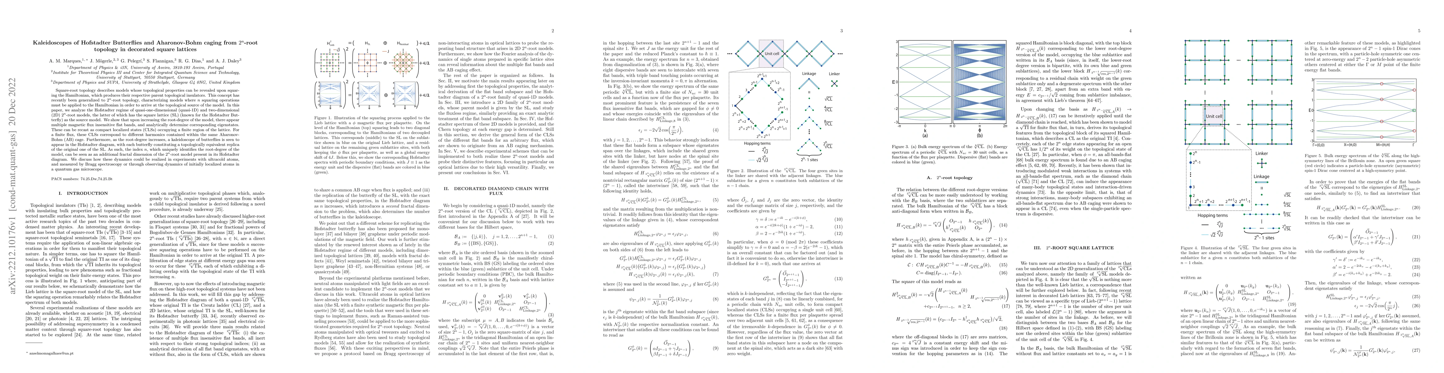 Thumbnail for Kaleidoscopes of Hofstadter Butterflies and Aharonov-Bohm caging from
  $2^n$-root topology in decorated square lattices