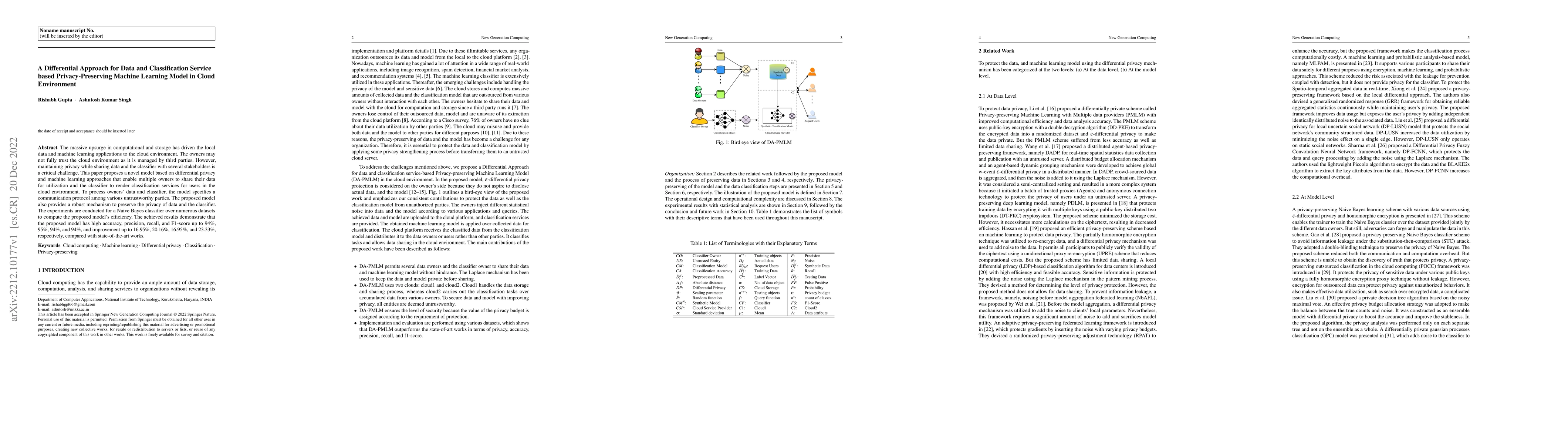 Thumbnail for A Differential Approach for Data and Classification Service based
  Privacy-Preserving Machine Learning Model in Cloud Environment