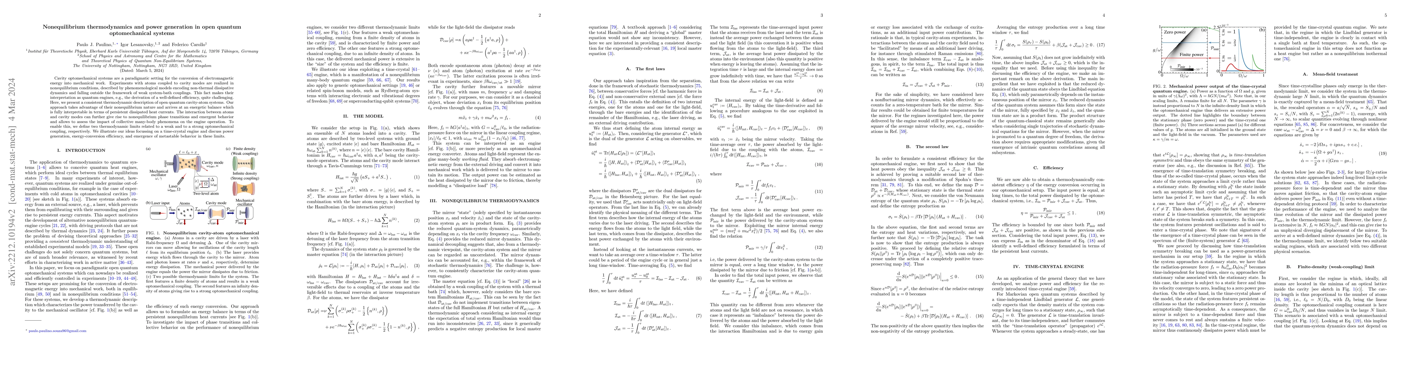 Thumbnail for Nonequilibrium thermodynamics and power generation in open quantum
  optomechanical systems