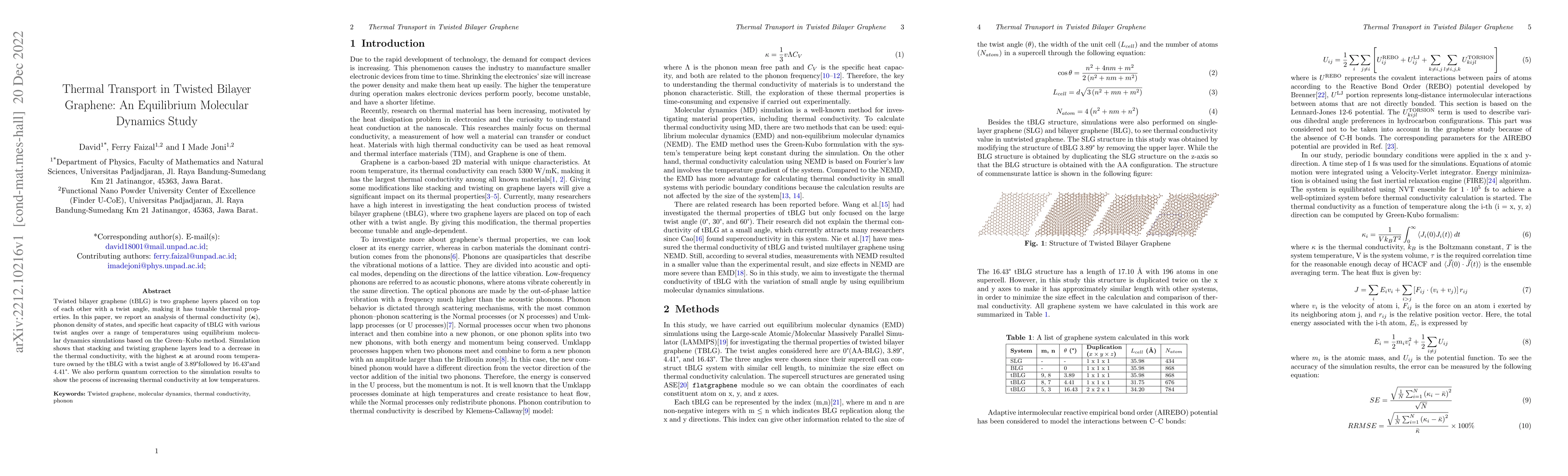 Thumbnail for Thermal Transport in Twisted Bilayer Graphene: An Equilibrium Molecular
  Dynamics Study