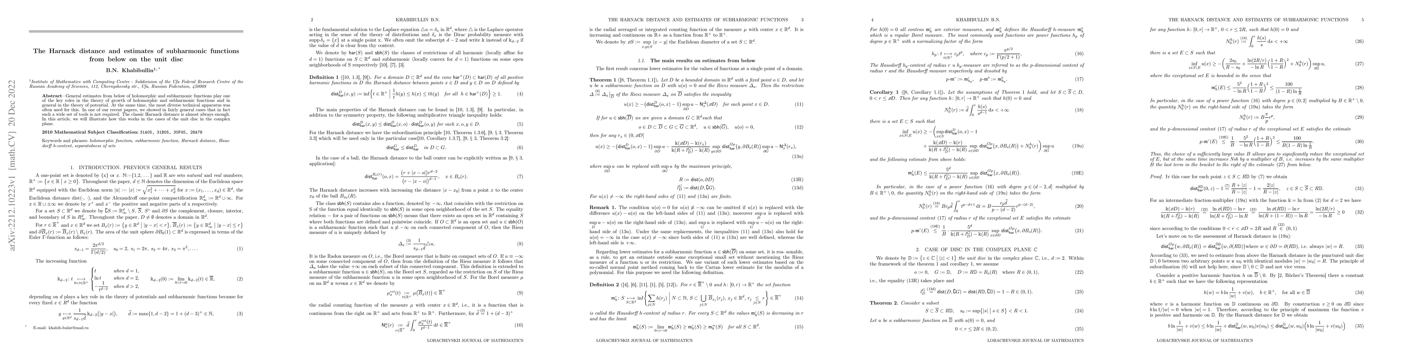 Thumbnail for The Harnack distance and estimates of subharmonic functions from below
  on the unit disc