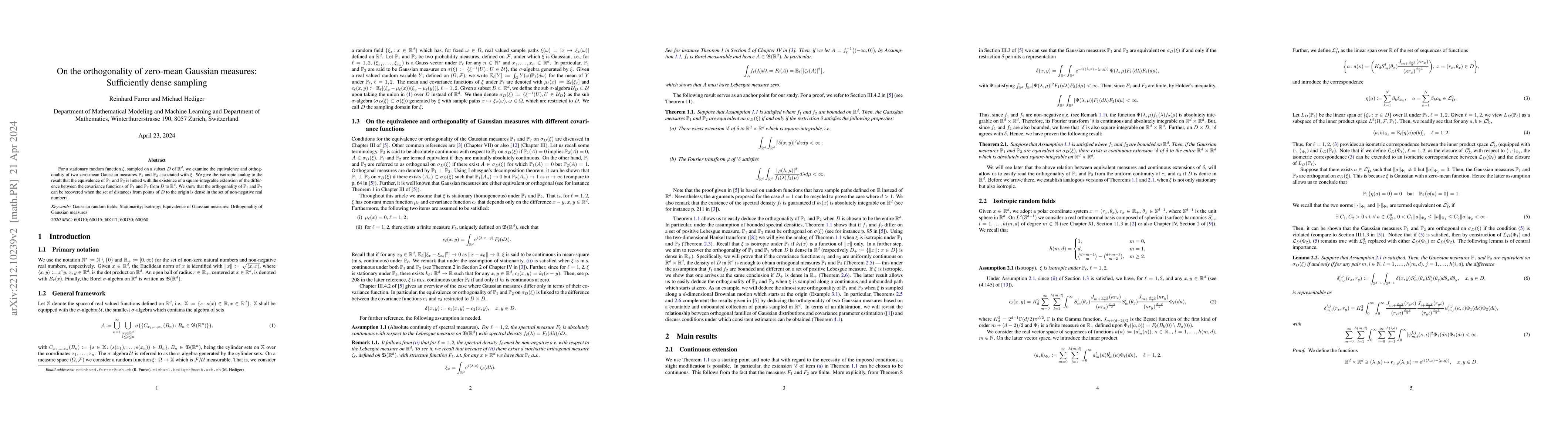 Thumbnail for On the orthogonality of zero-mean Gaussian measures: Sufficiently dense
  sampling