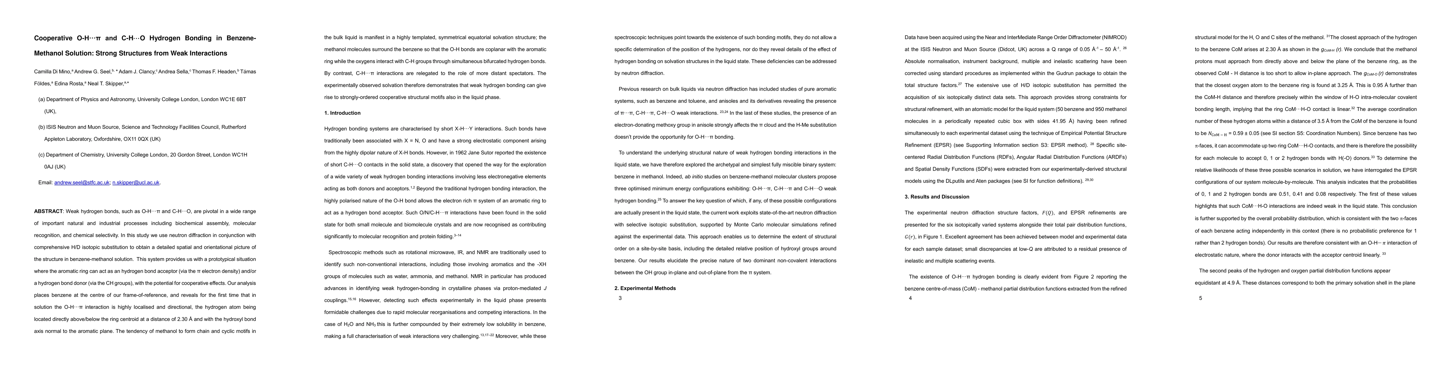 Thumbnail for Cooperative O-H$\cdots\pi$ and C-H$\cdots$O Hydrogen Bonding in
  Benzene-Methanol Solution: Strong Structures from Weak Interactions