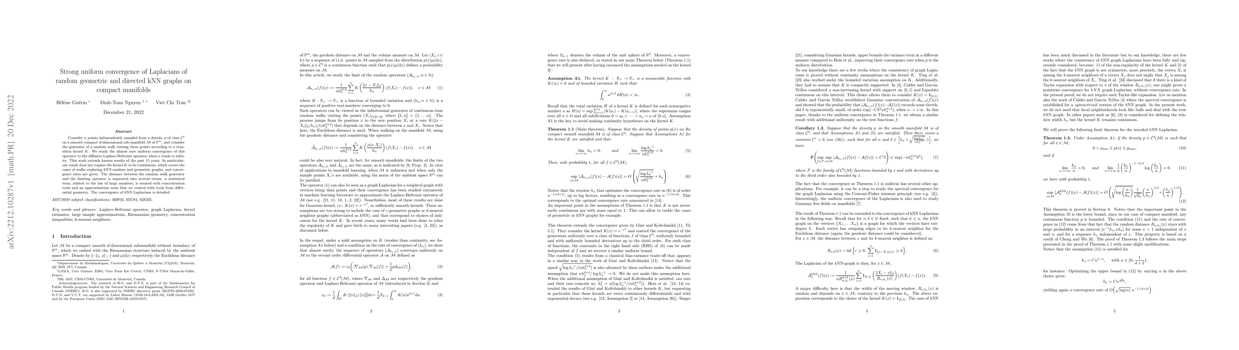 Thumbnail for Strong uniform convergence of Laplacians of random geometric and
  directed kNN graphs on compact manifolds