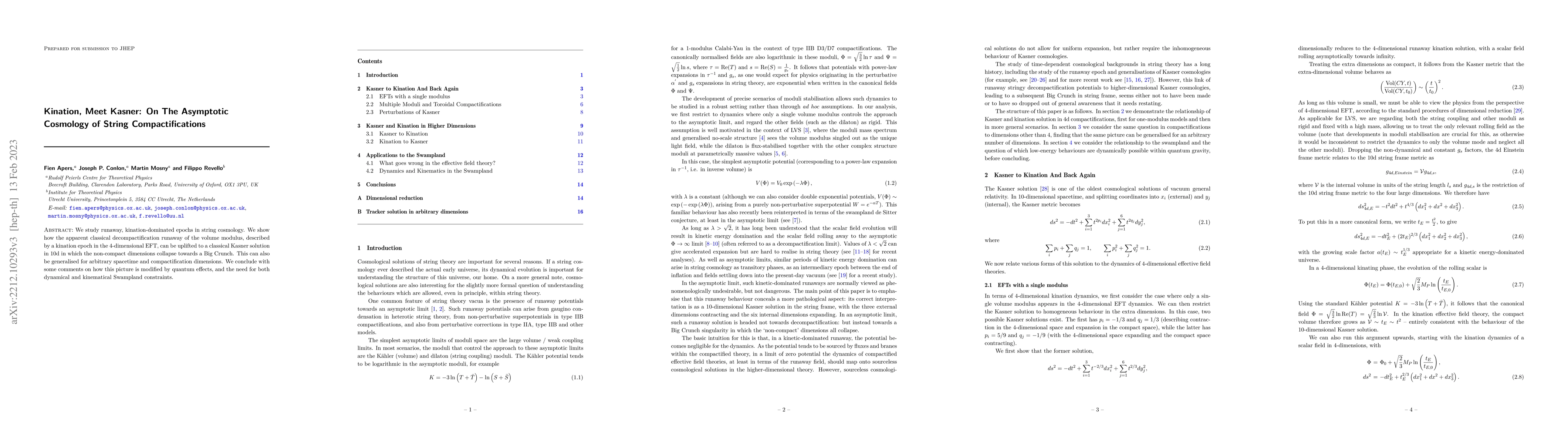 Thumbnail for Kination, Meet Kasner: On The Asymptotic Cosmology of String
  Compactifications