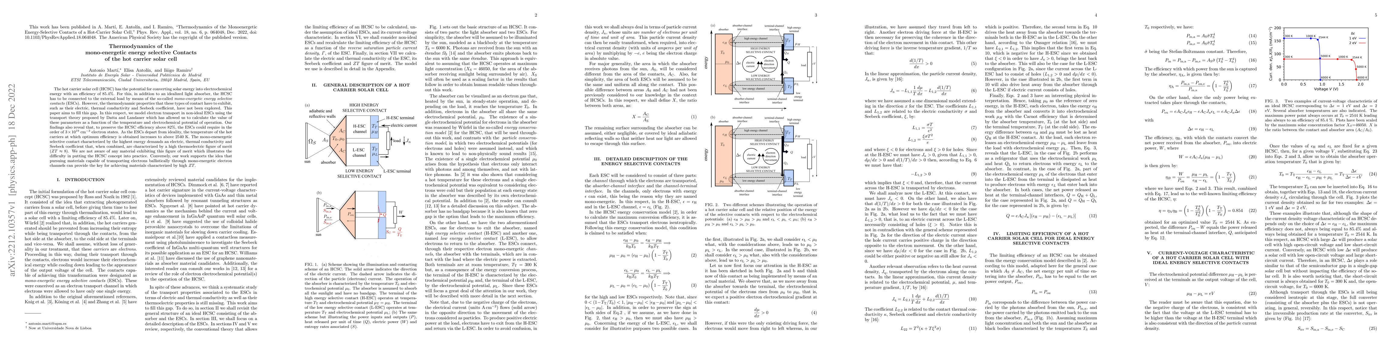 Thumbnail for Thermodynamics of the mono-energetic energy selective Contacts of the
  hot carrier solar cell
