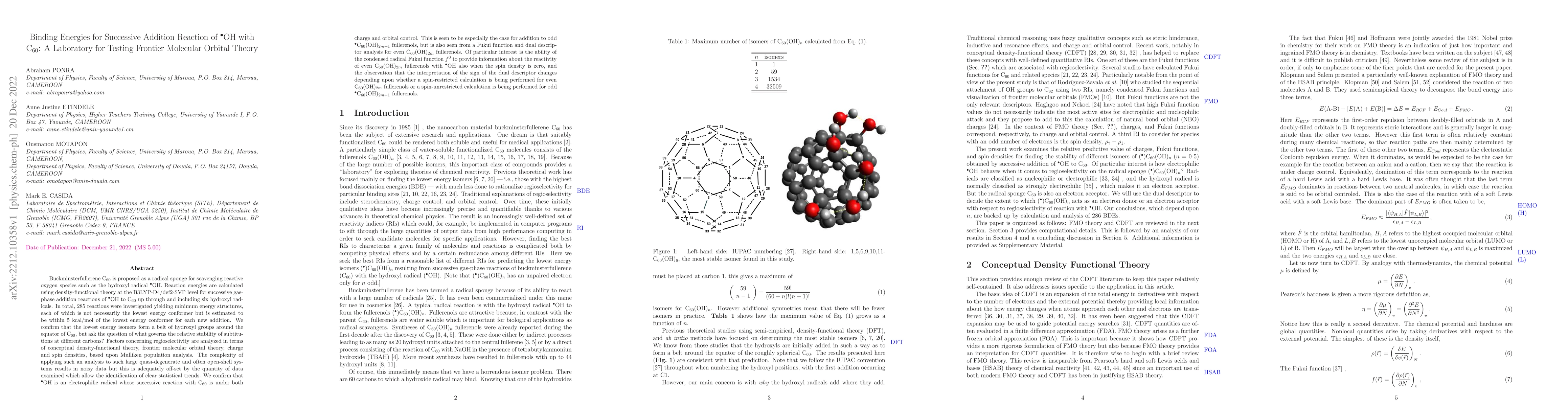 Thumbnail for Binding Energies for Successive Addition Reaction of .OH with C60 : A
  Laboratory for Testing Frontier Molecular Orbital Theory