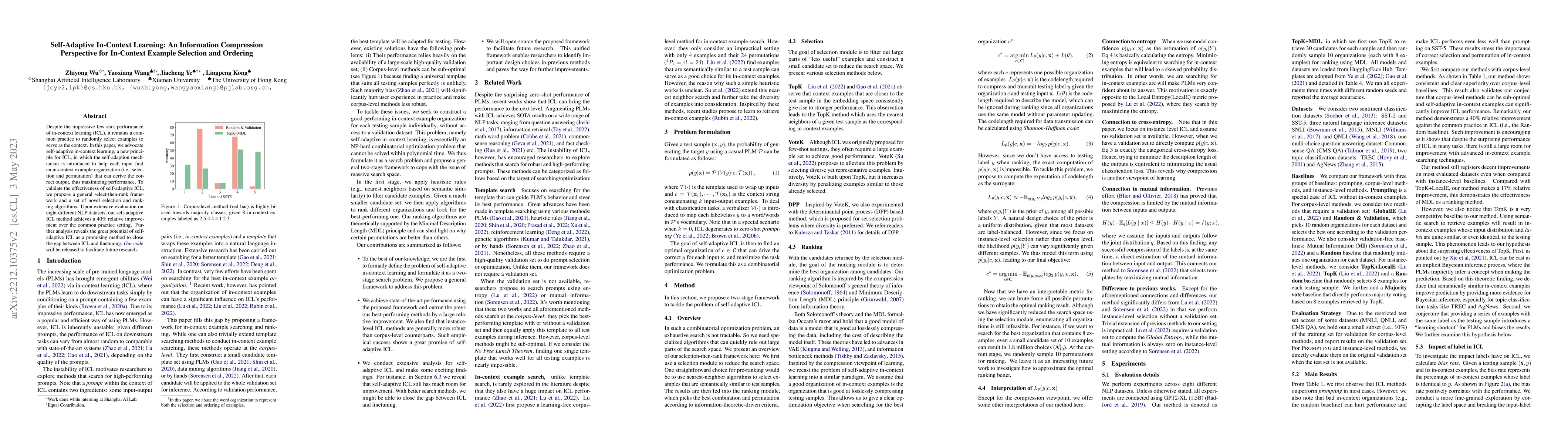 Thumbnail for Self-Adaptive In-Context Learning: An Information Compression
  Perspective for In-Context Example Selection and Ordering