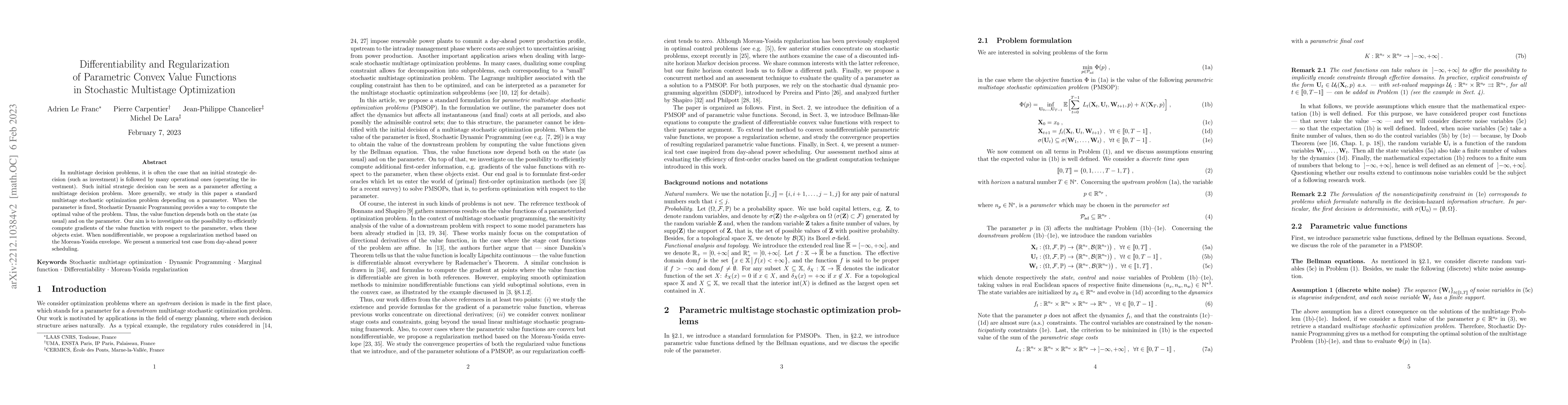 Thumbnail for Differentiability and Regularization of Parametric Convex Value
  Functions in Stochastic Multistage Optimization