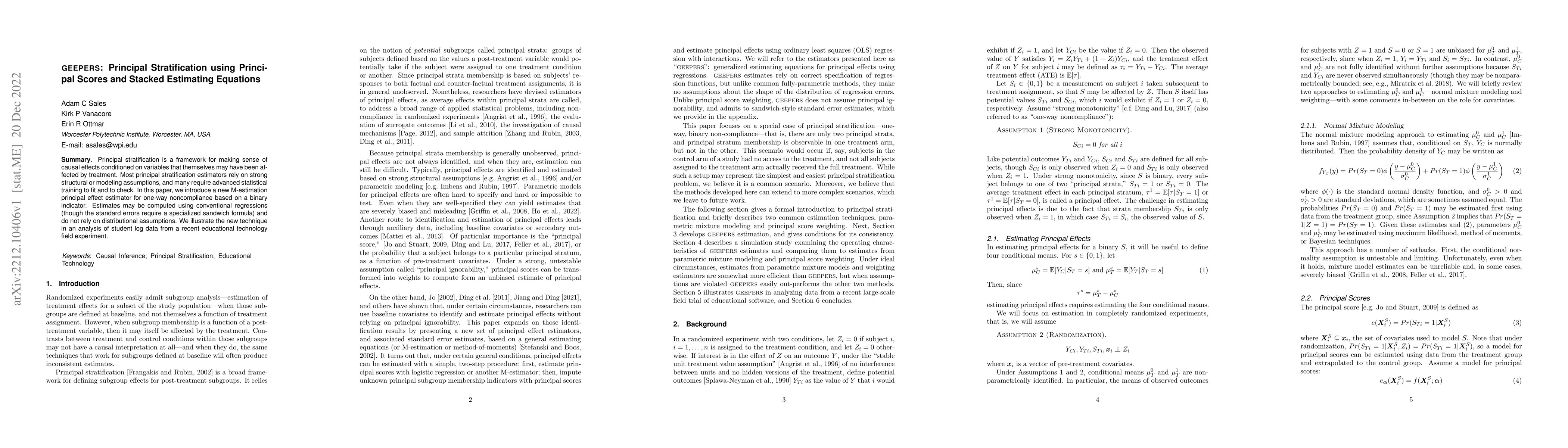 Thumbnail for GEEPERs: Principal Stratification using Principal Scores and Stacked
  Estimating Equations