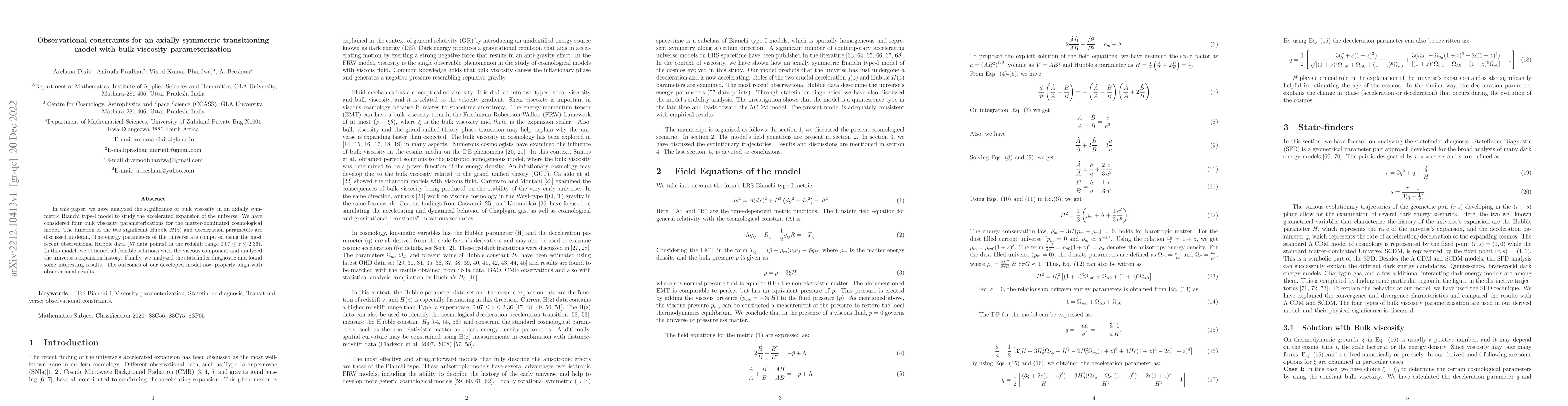 Thumbnail for Observational constraints for an axially symmetric transitioning model
  with bulk viscosity parameterization
