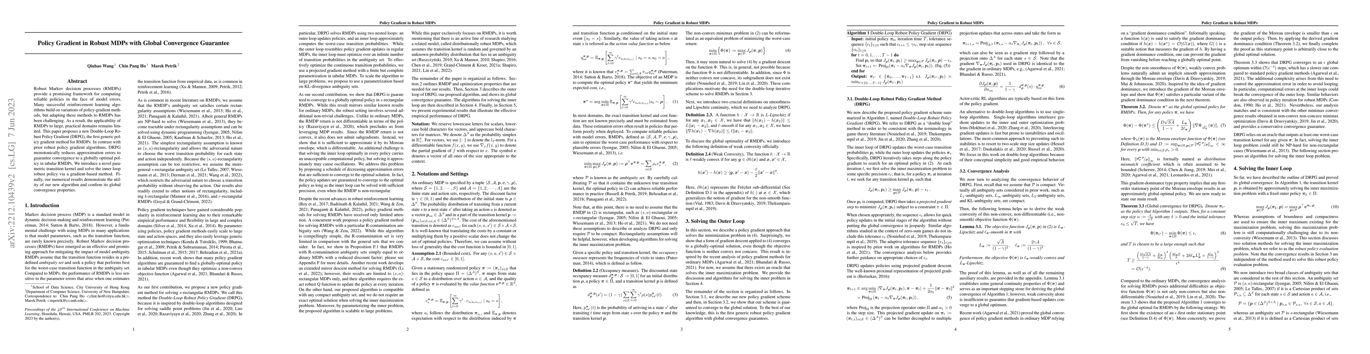Thumbnail for Policy Gradient in Robust MDPs with Global Convergence Guarantee