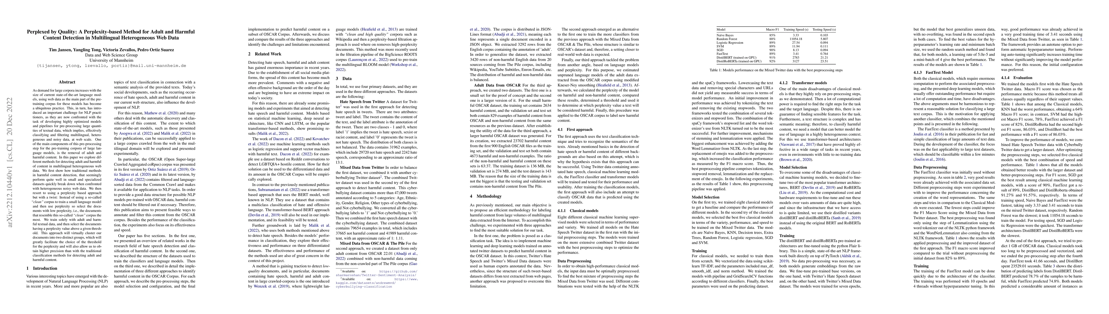 Thumbnail for Perplexed by Quality: A Perplexity-based Method for Adult and Harmful
  Content Detection in Multilingual Heterogeneous Web Data