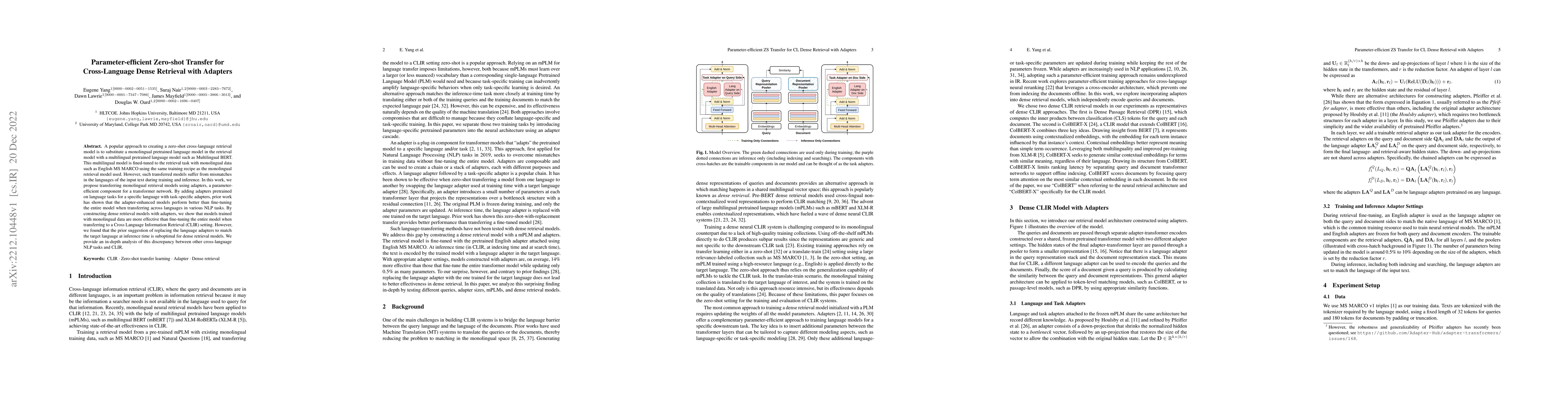 Thumbnail for Parameter-efficient Zero-shot Transfer for Cross-Language Dense
  Retrieval with Adapters