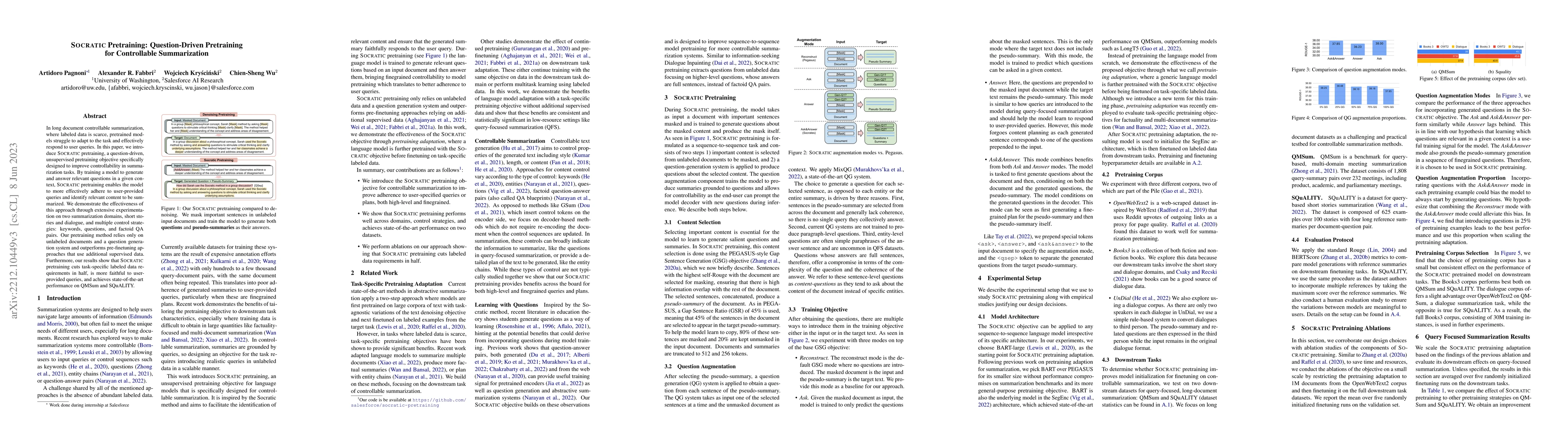 Thumbnail for Socratic Pretraining: Question-Driven Pretraining for Controllable
  Summarization