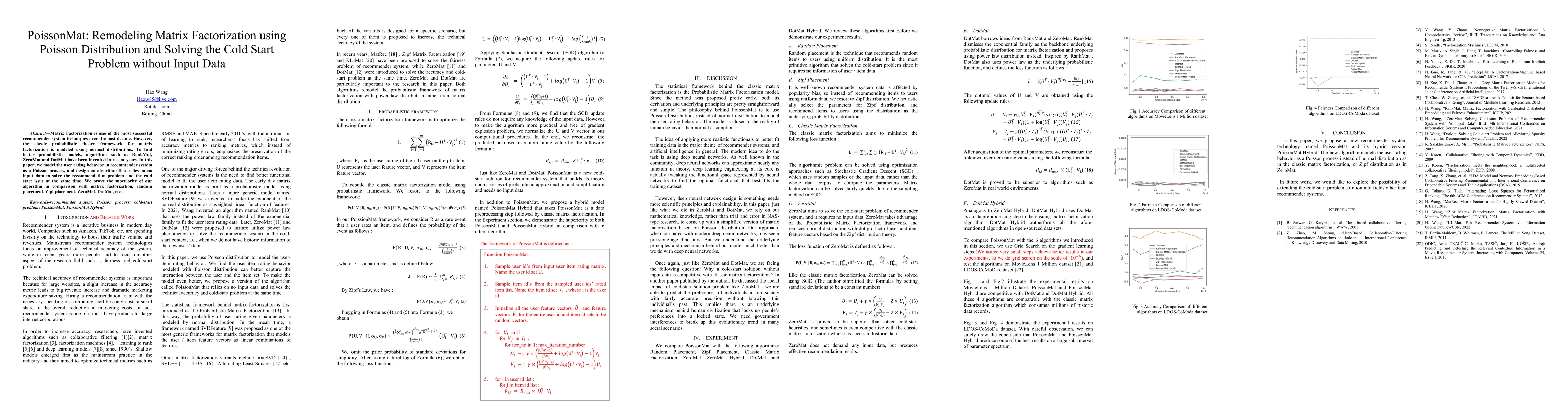 Thumbnail for PoissonMat: Remodeling Matrix Factorization using Poisson Distribution
  and Solving the Cold Start Problem without Input Data