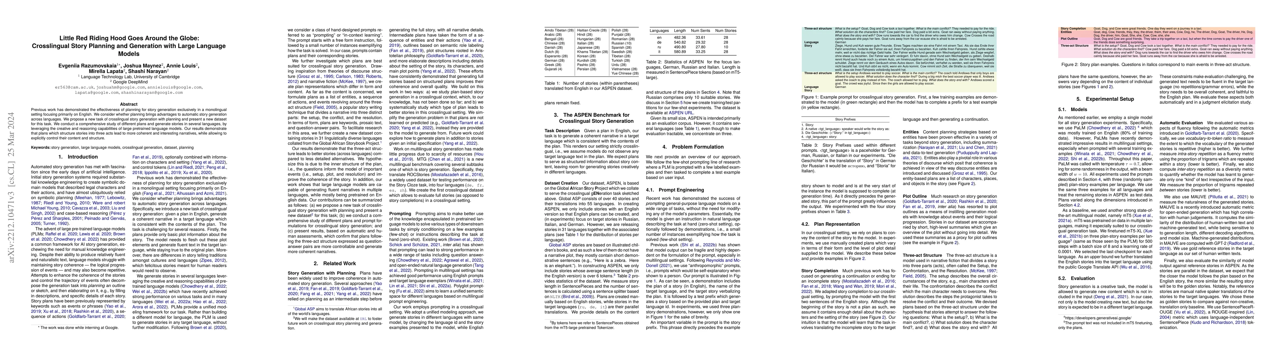 Thumbnail for Little Red Riding Hood Goes Around the Globe:Crosslingual Story Planning
  and Generation with Large Language Models