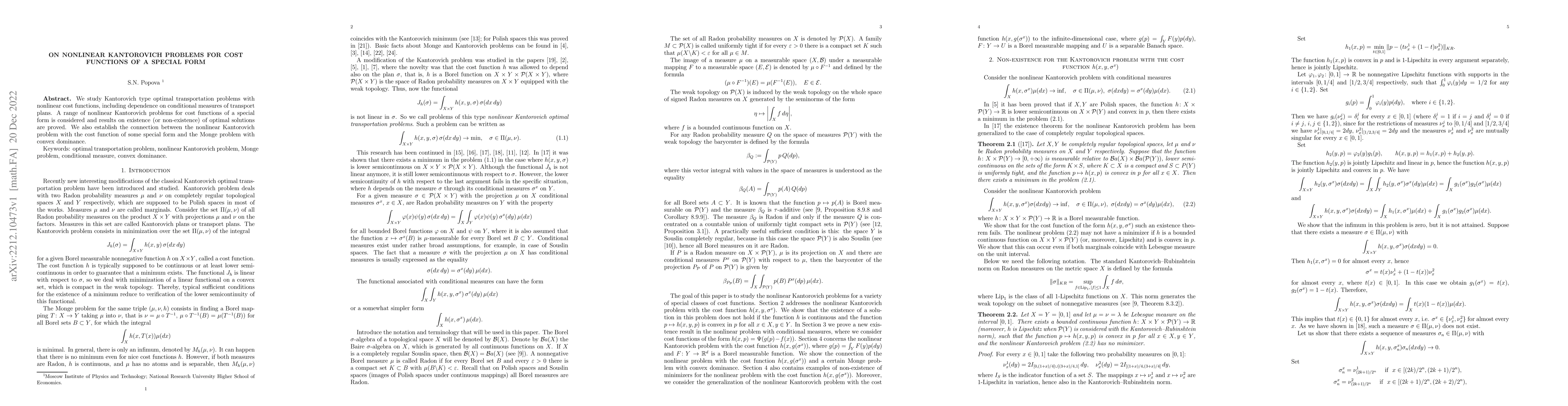Thumbnail for On nonlinear Kantorovich problems for cost functions of a special form