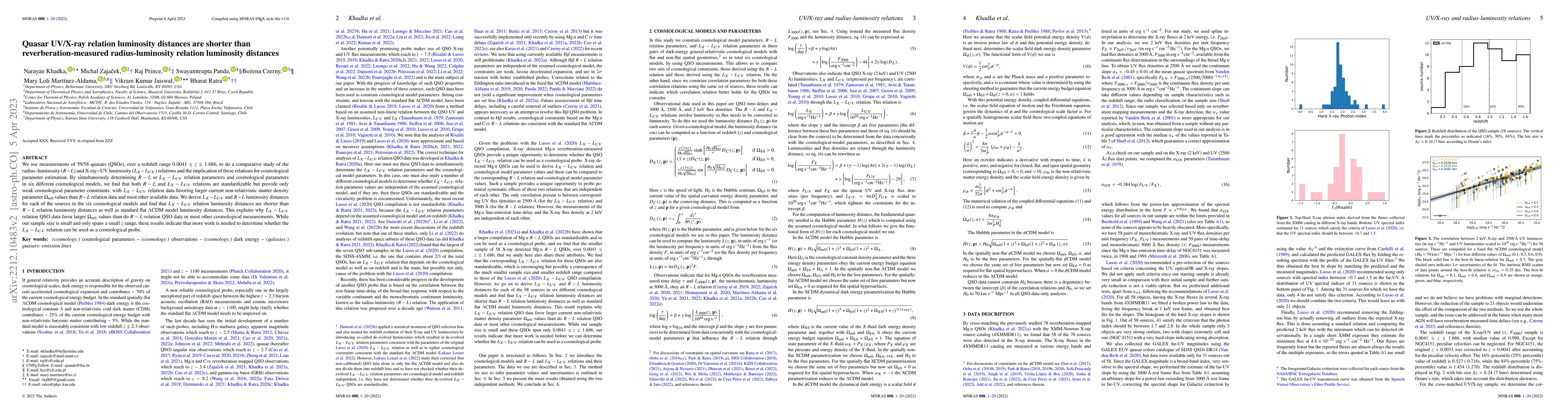 Thumbnail for Quasar UV/X-ray relation luminosity distances are shorter than
  reverberation-measured radius-luminosity relation luminosity distances