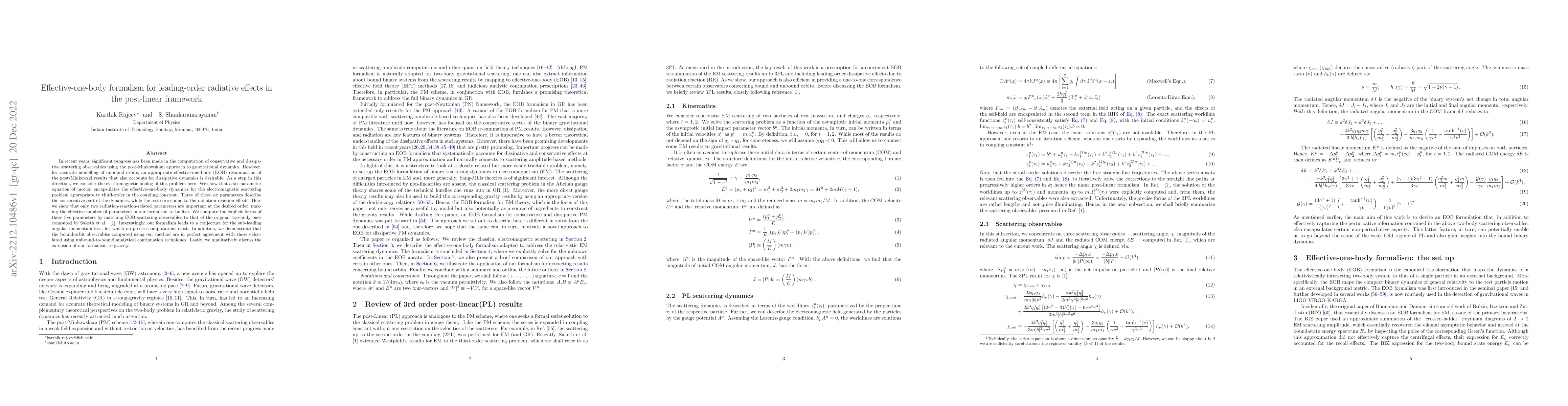 Thumbnail for Effective-one-body formalism for leading-order radiative effects in the
  post-linear framework