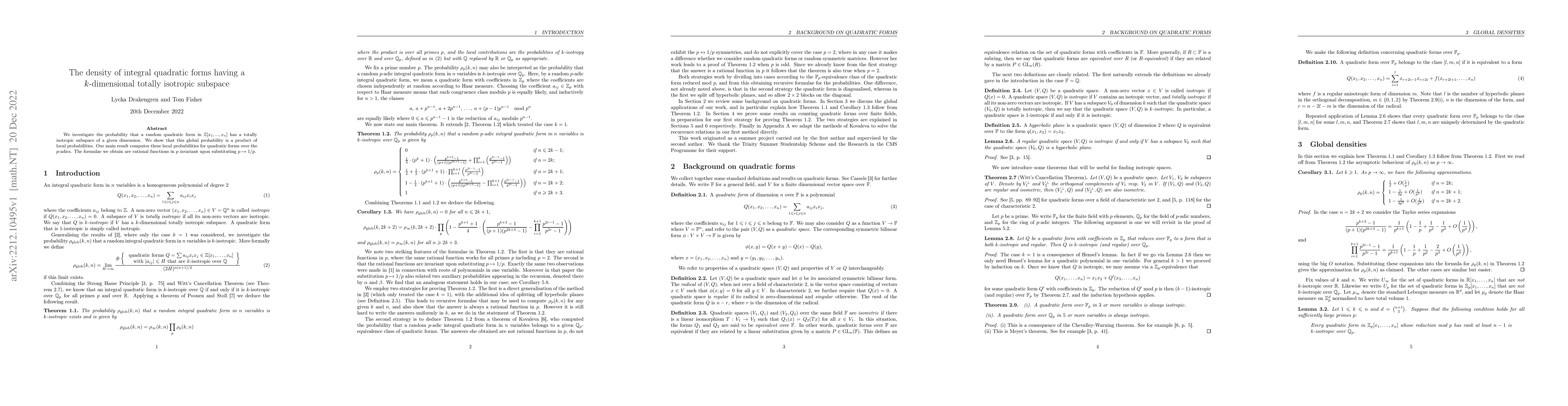 Thumbnail for The density of integral quadratic forms having a $k$-dimensional totally
  isotropic subspace