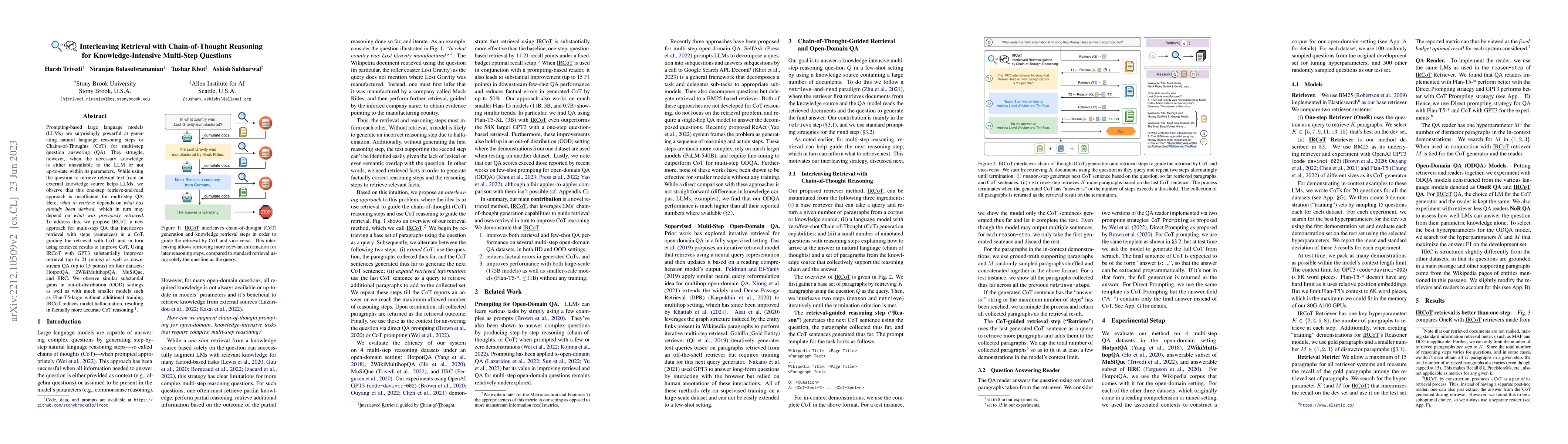 Thumbnail for Interleaving Retrieval with Chain-of-Thought Reasoning for
  Knowledge-Intensive Multi-Step Questions