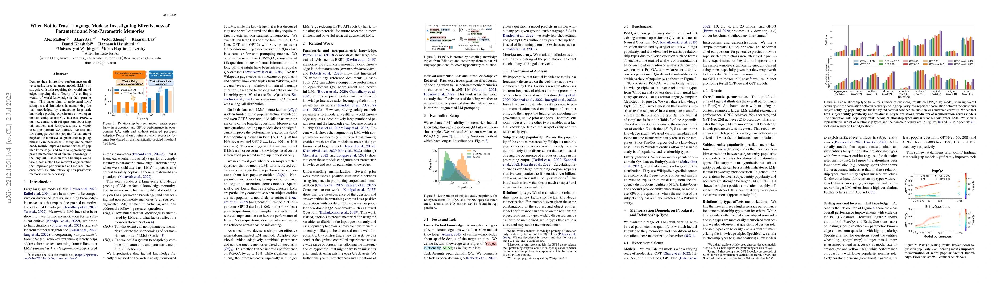 Thumbnail for When Not to Trust Language Models: Investigating Effectiveness of
  Parametric and Non-Parametric Memories