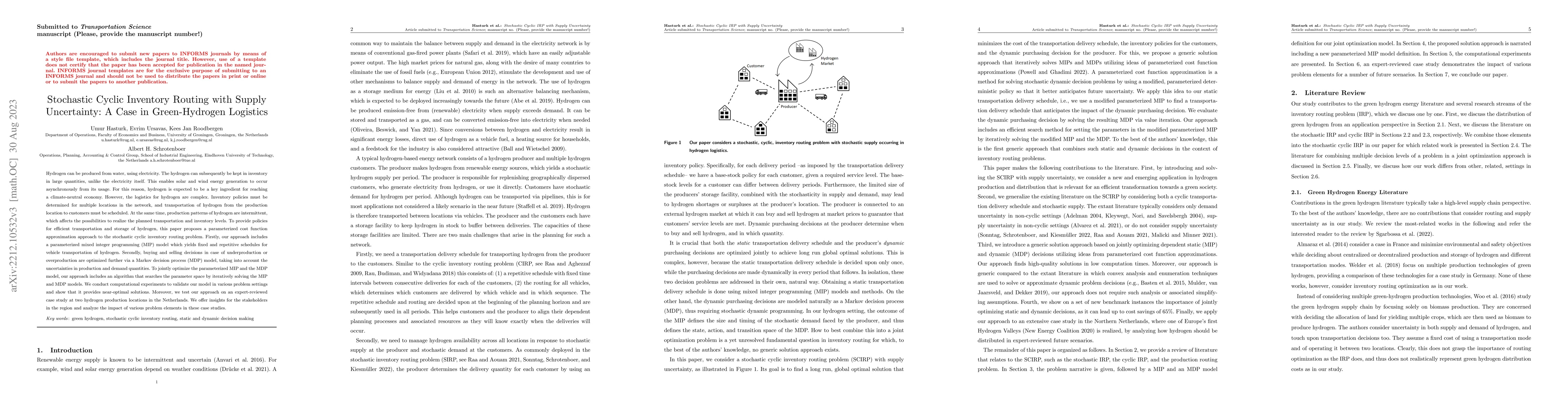 Thumbnail for Stochastic Cyclic Inventory Routing with Supply Uncertainty: A Case in
  Green-Hydrogen Logistics