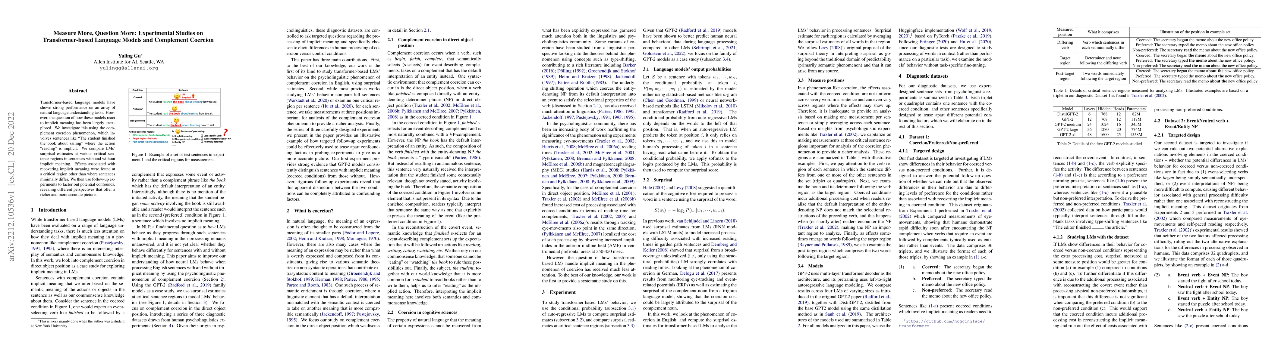 Thumbnail for Measure More, Question More: Experimental Studies on Transformer-based
  Language Models and Complement Coercion
