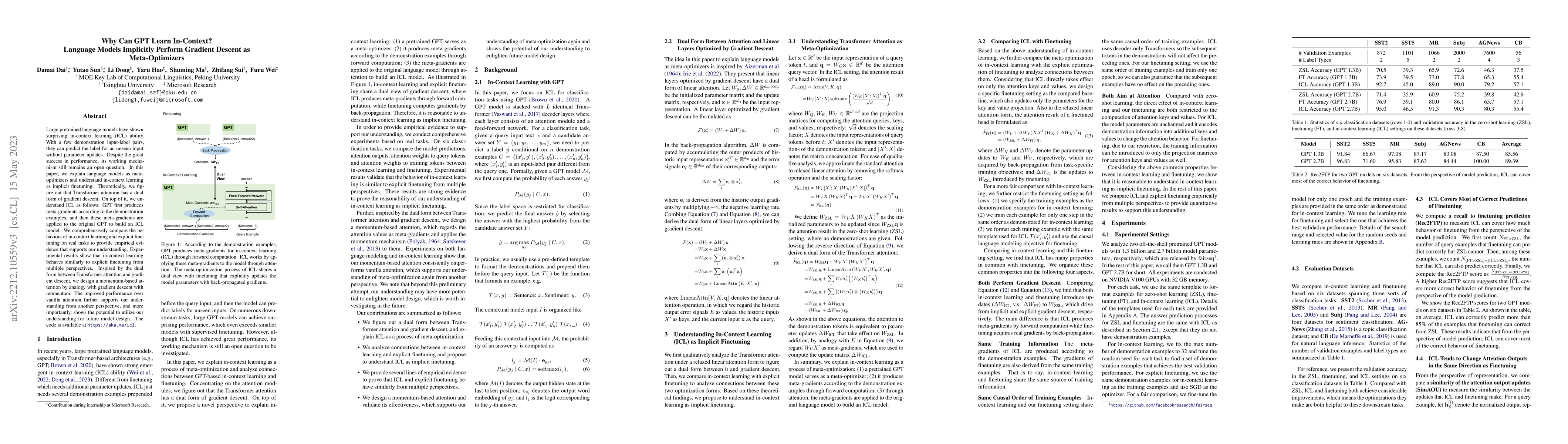 Thumbnail for Why Can GPT Learn In-Context? Language Models Implicitly Perform
  Gradient Descent as Meta-Optimizers