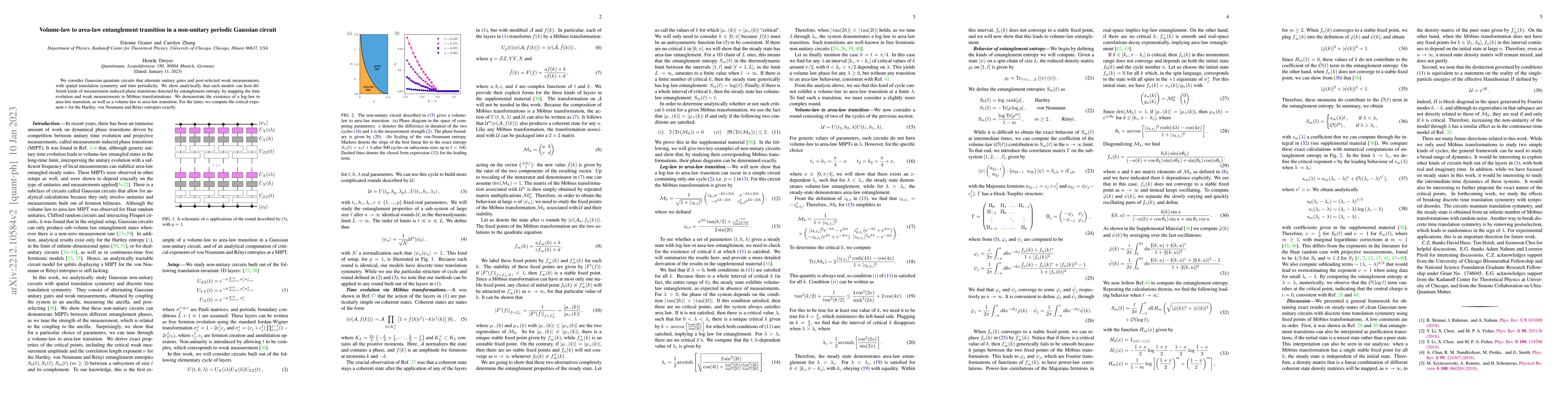 Thumbnail for Volume-law to area-law entanglement transition in a non-unitary periodic
  Gaussian circuit
