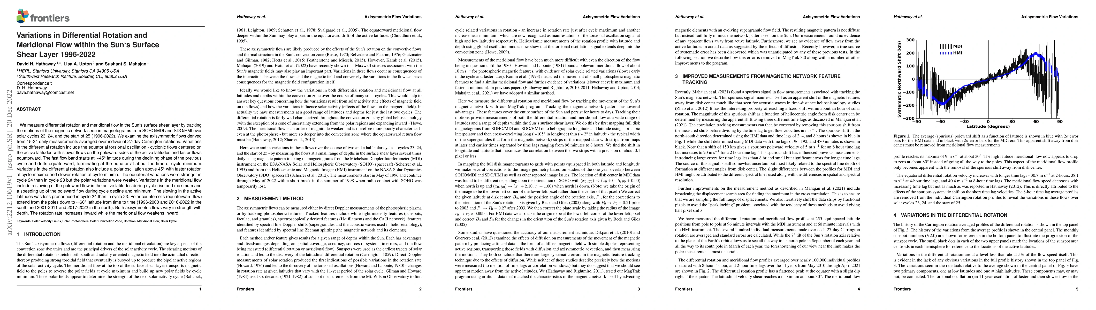 Thumbnail for Variations in Differential Rotation and Meridional Flow within the Sun's
  Surface Shear Layer 1996-2022