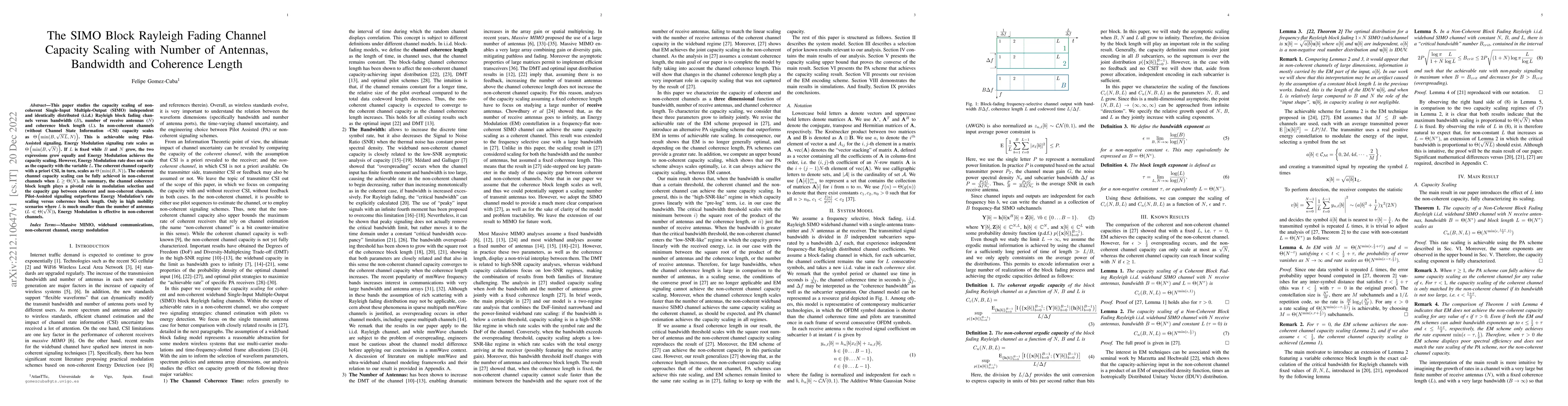 Thumbnail for The SIMO Block Rayleigh Fading Channel Capacity Scaling with Number of
  Antennas, Bandwidth and Coherence Length