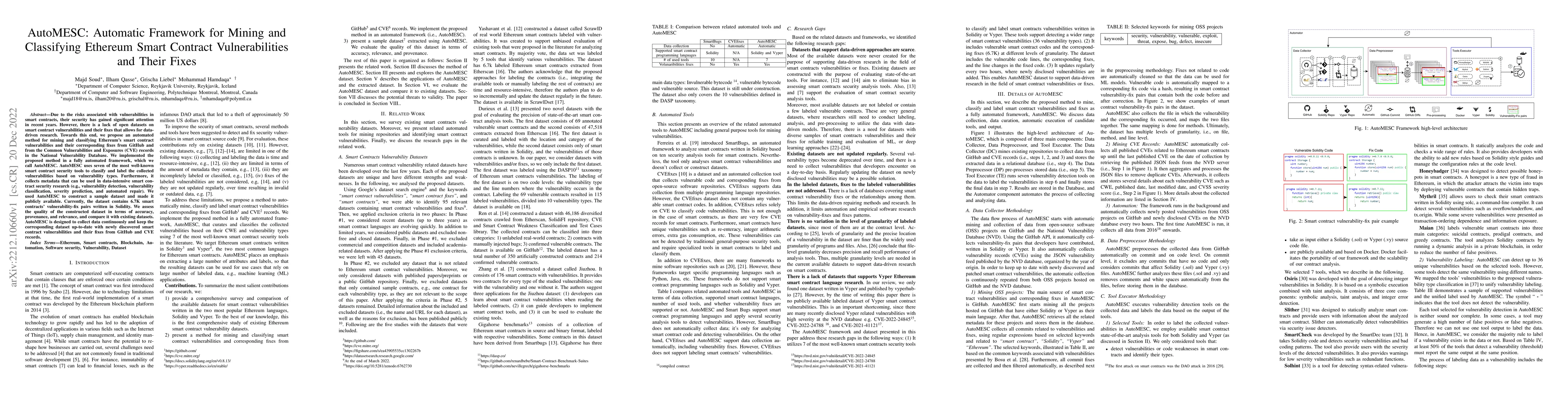 Thumbnail for AutoMESC: Automatic Framework for Mining and Classifying Ethereum Smart
  Contract Vulnerabilities and Their Fixes