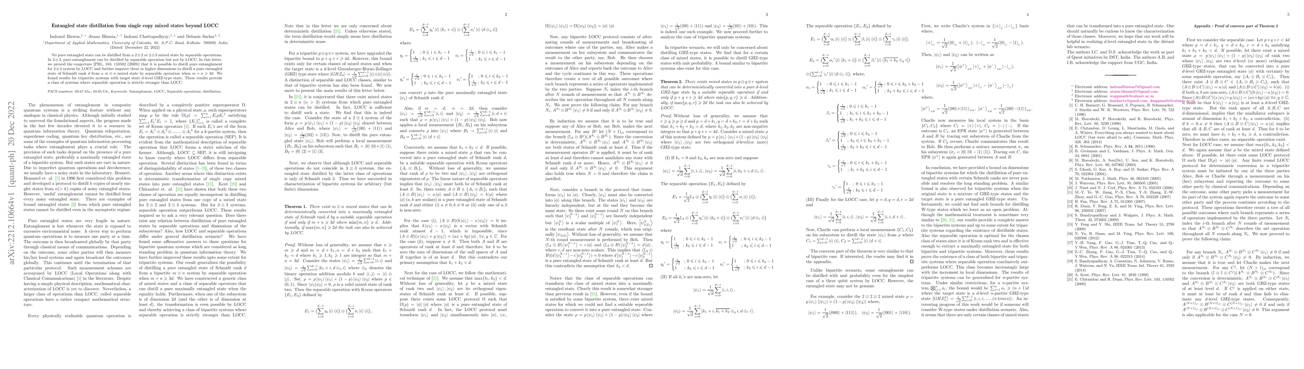 Thumbnail for Entangled state distillation from single copy mixed states beyond LOCC