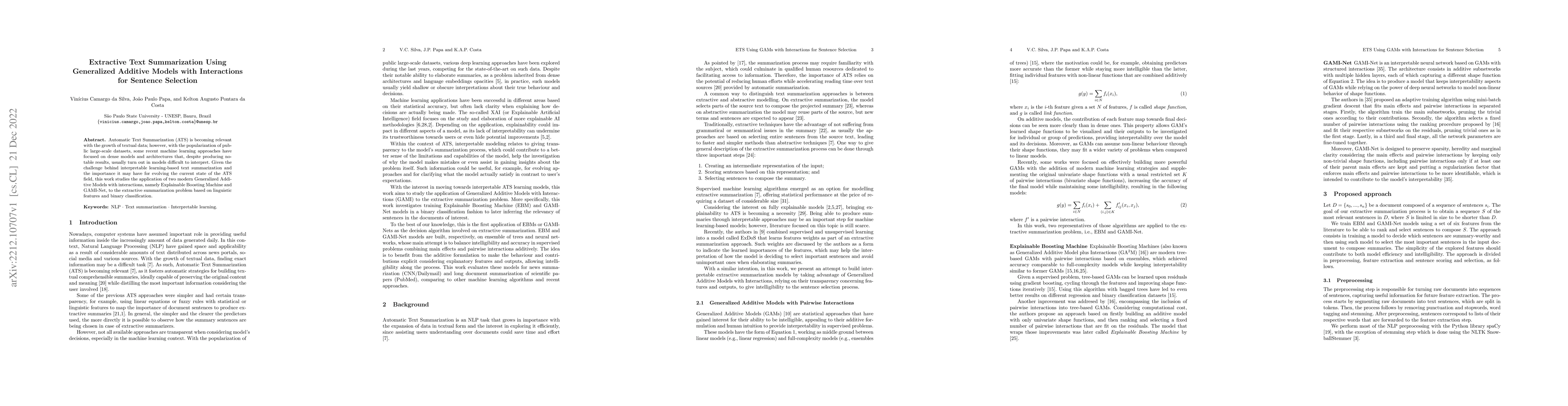 Thumbnail for Extractive Text Summarization Using Generalized Additive Models with
  Interactions for Sentence Selection