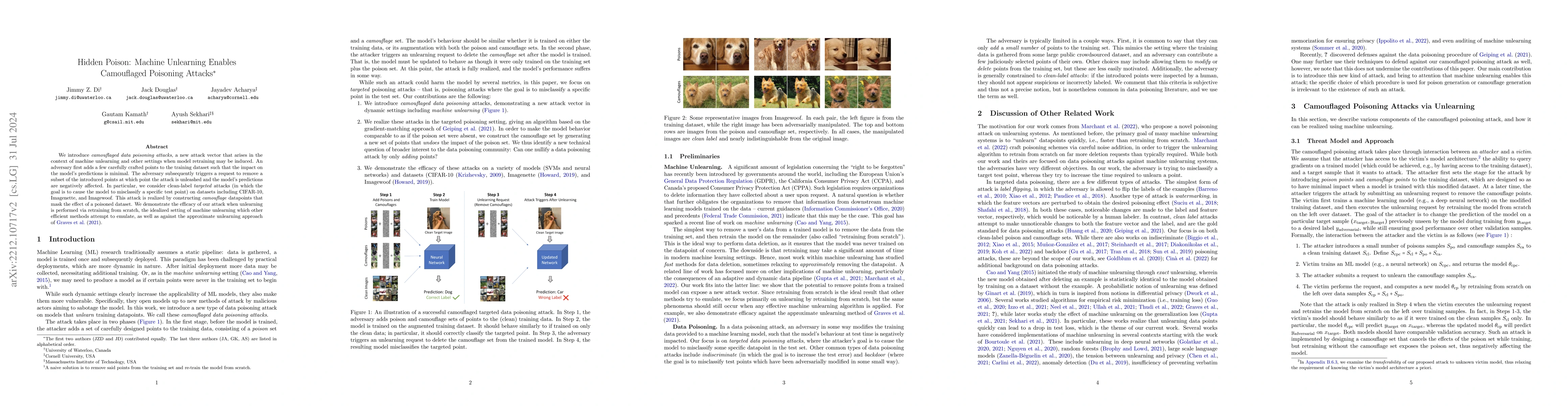 Thumbnail for Hidden Poison: Machine Unlearning Enables Camouflaged Poisoning Attacks