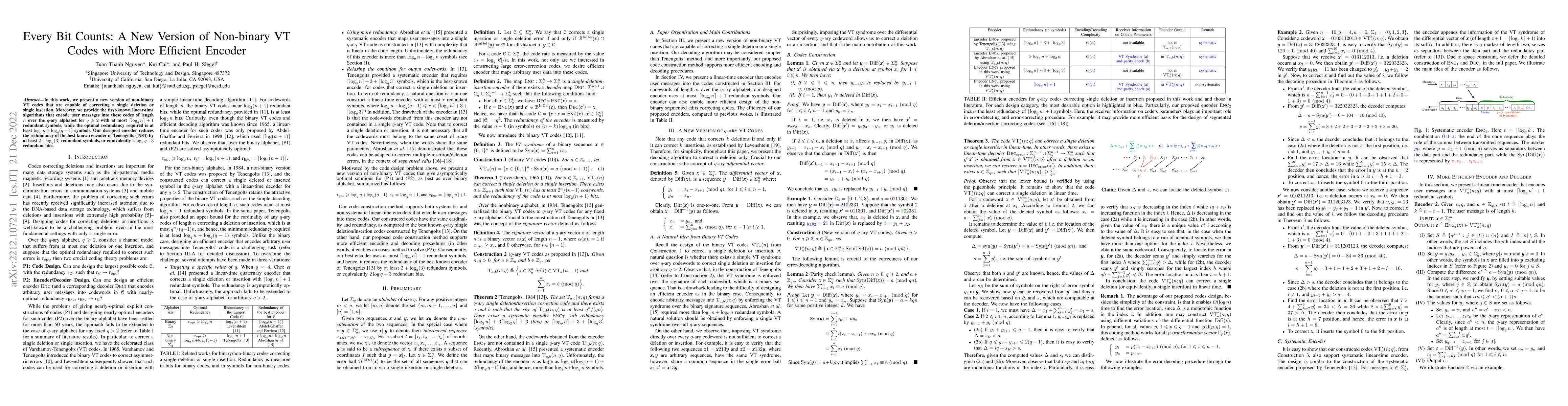 Thumbnail for Every Bit Counts: A New Version of Non-binary VT Codes with More
  Efficient Encoder