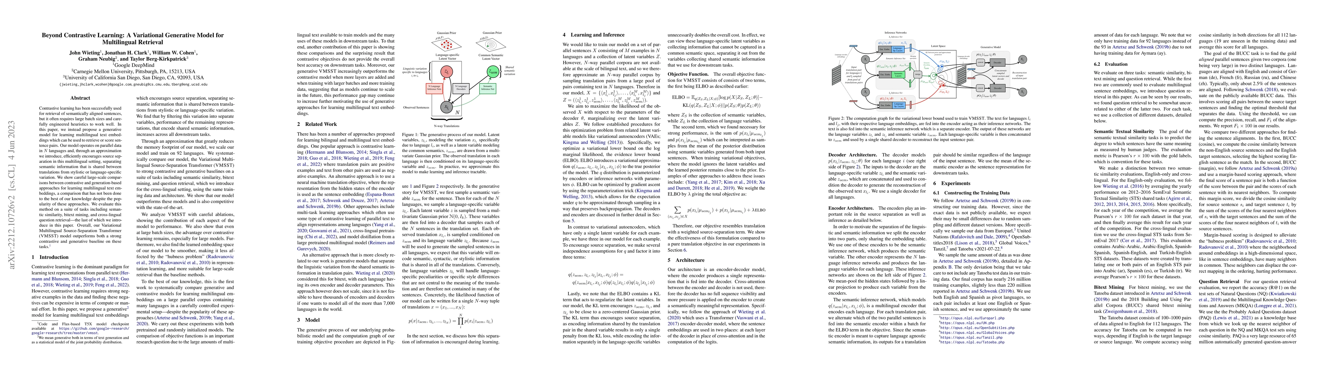 Thumbnail for Beyond Contrastive Learning: A Variational Generative Model for
  Multilingual Retrieval