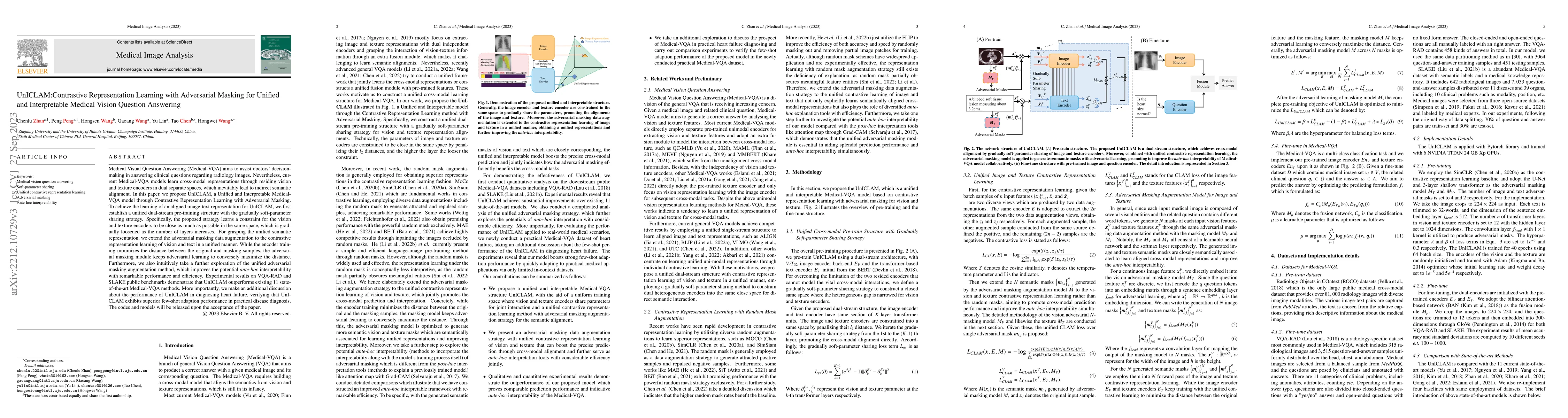 Thumbnail for UnICLAM:Contrastive Representation Learning with Adversarial Masking for
  Unified and Interpretable Medical Vision Question Answering