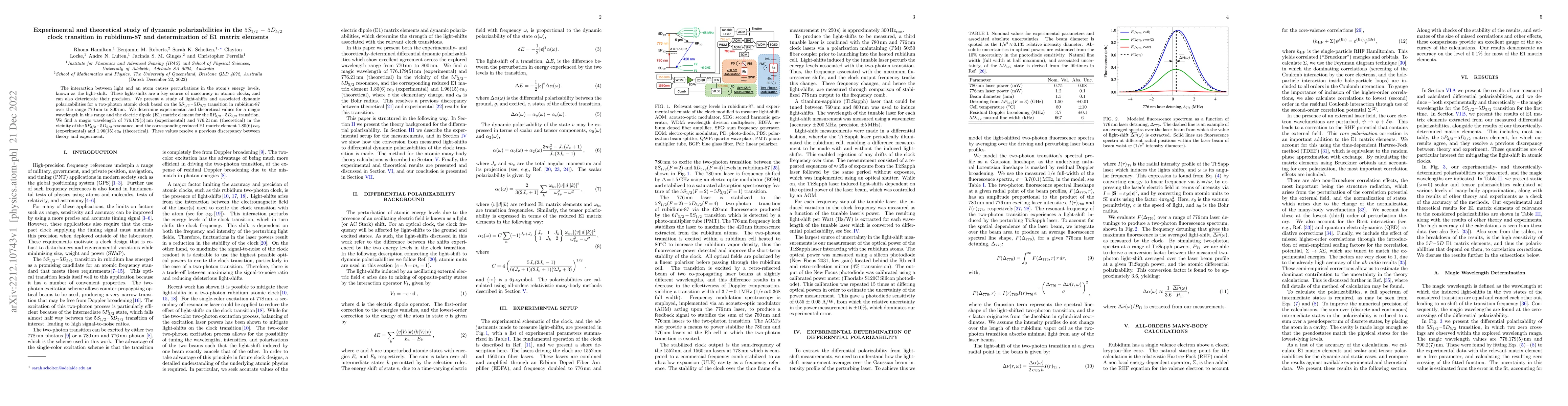 Thumbnail for Experimental and theoretical study of dynamic polarizabilities in the
  $5S_{1/2}$-$5D_{5/2}$ clock transition in rubidium-87 and determination of E1
  matrix elements