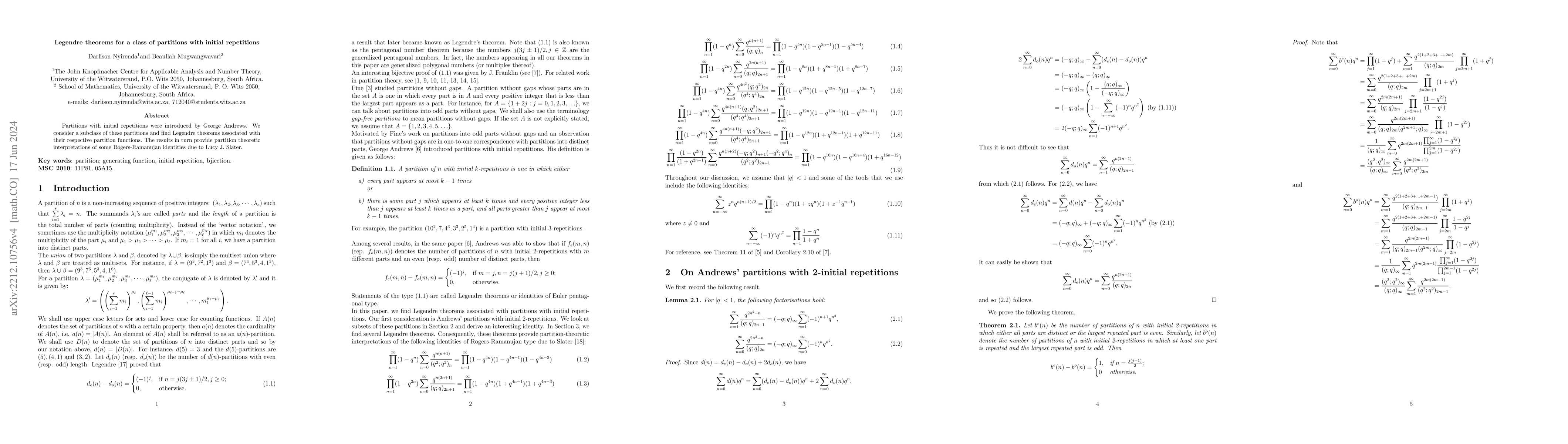 Thumbnail for Legendre theorems for a class of partitions with initial repetitions