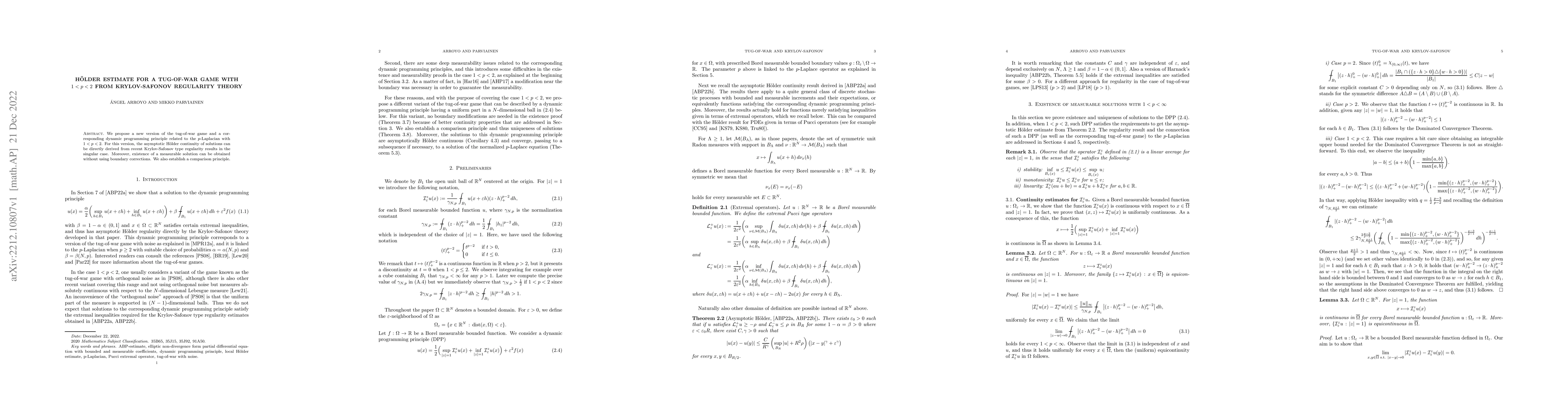Thumbnail for H\"older estimate for a tug-of-war game with $1<p<2$ from Krylov-Safonov
  regularity theory