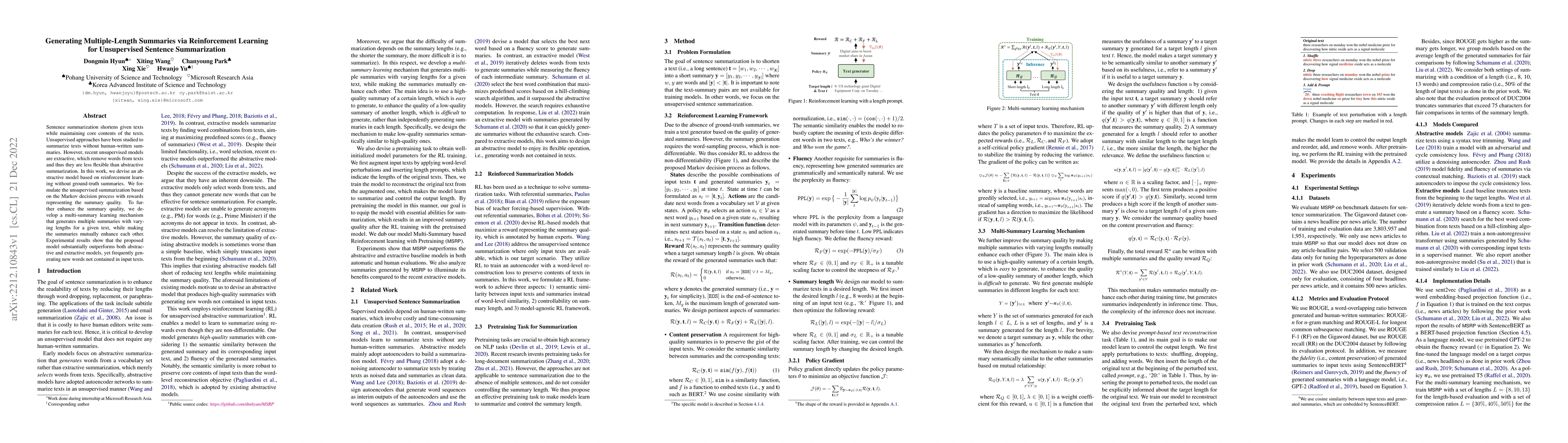 Thumbnail for Generating Multiple-Length Summaries via Reinforcement Learning for
  Unsupervised Sentence Summarization