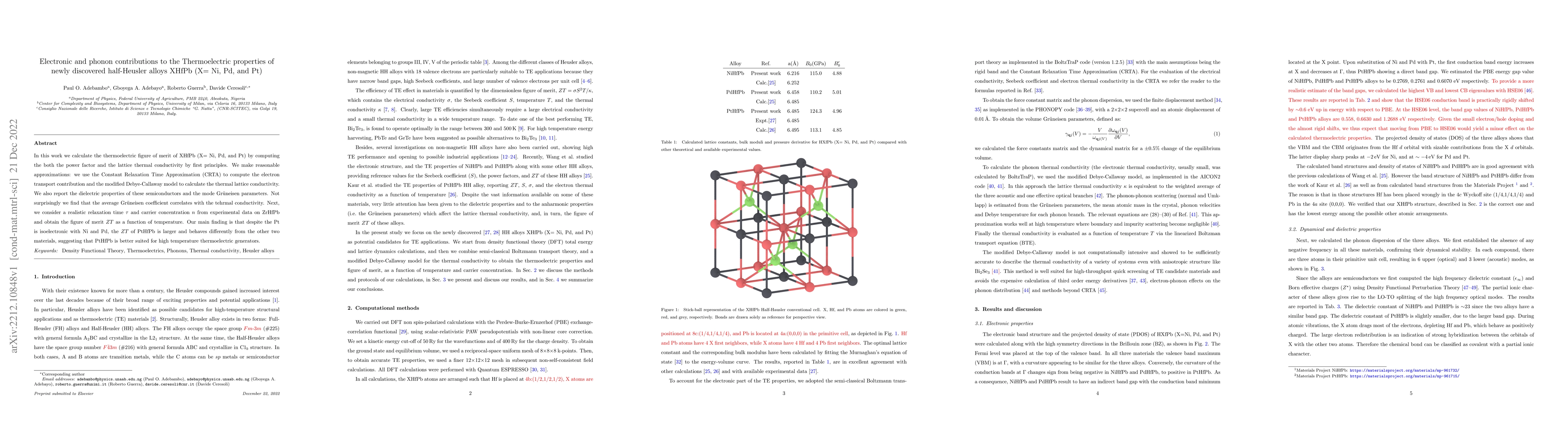 Thumbnail for Electronic and phonon contributions to the Thermoelectric properties of
  newly discovered half-Heusler alloys XHfPb (X= Ni, Pd, and Pt)