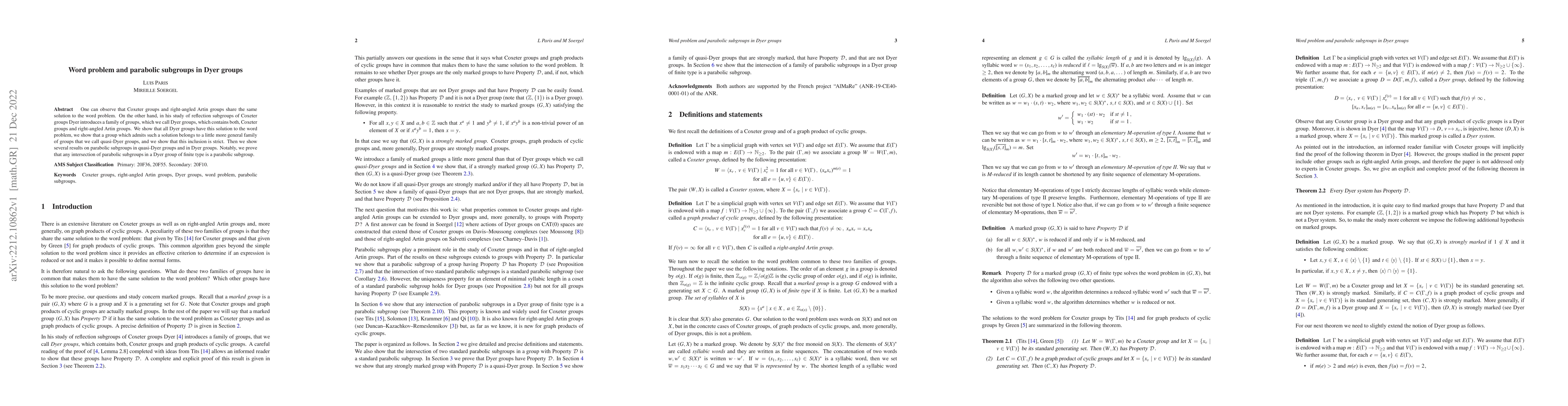 Thumbnail for Word problem and parabolic subgroups in Dyer groups