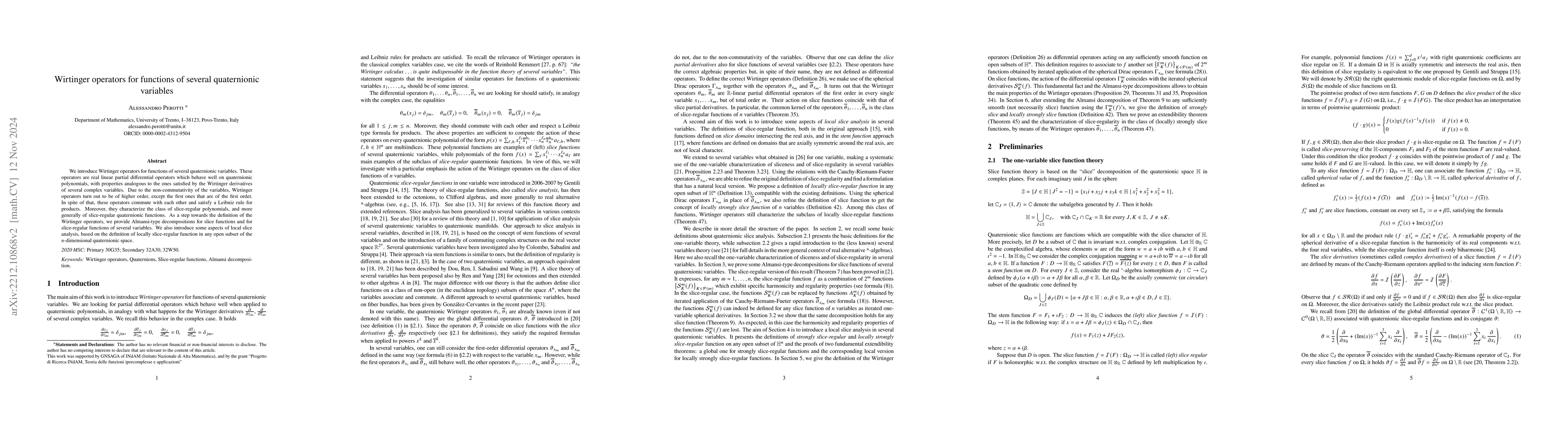 Thumbnail for Wirtinger operators for functions of several quaternionic variables