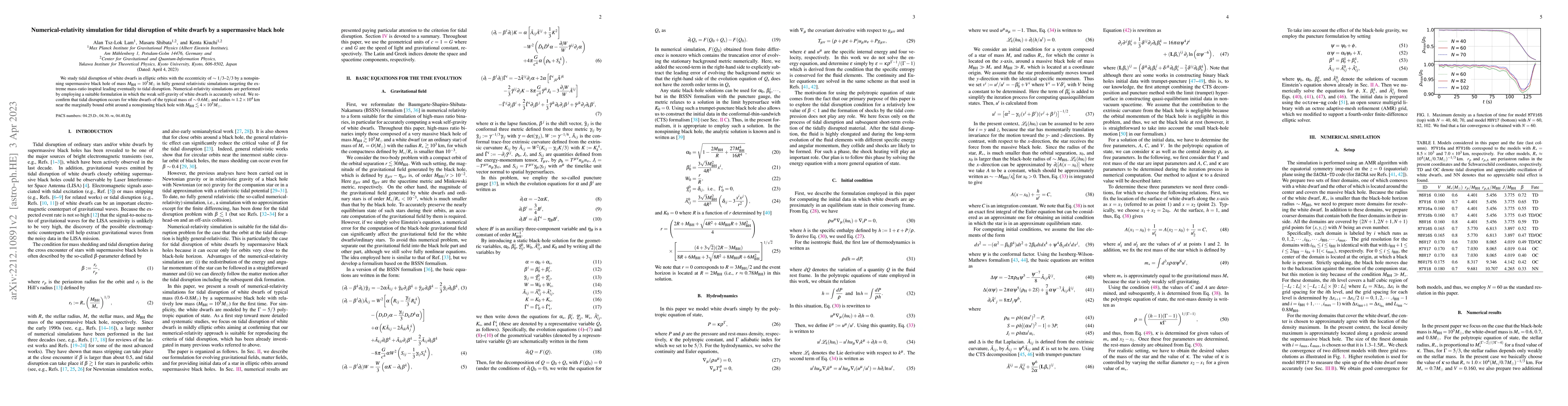 Thumbnail for Numerical-relativity simulation for tidal disruption of white dwarfs by
  a supermassive black hole