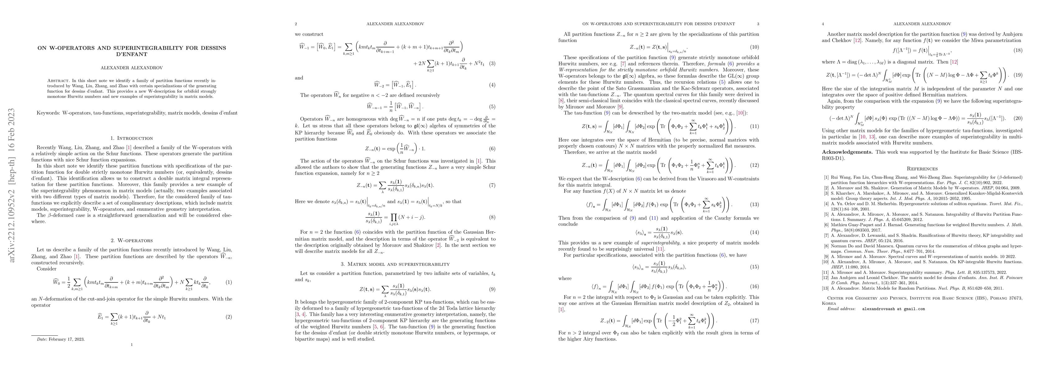 Thumbnail for On W-operators and superintegrability for dessins d'enfant